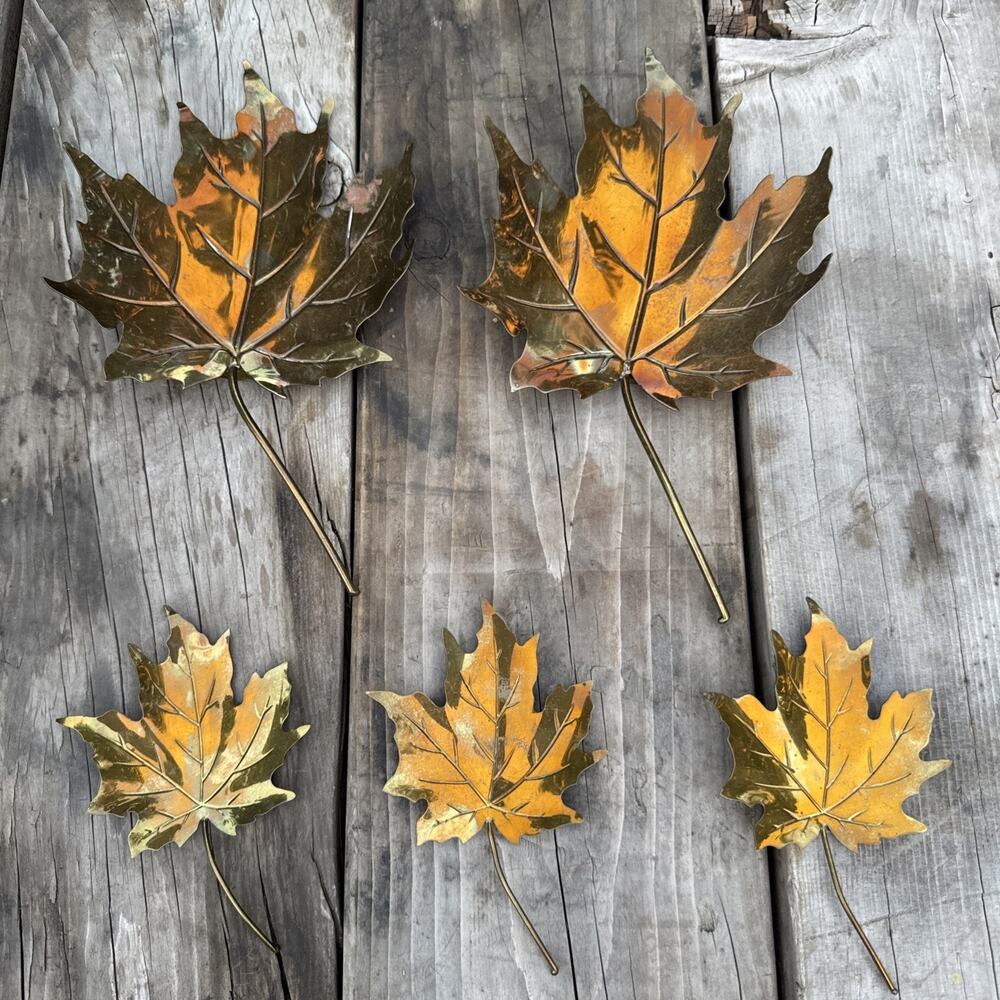 Vintage Brass Metal Maple Leaves Wall Hanging Decor Lot of 5 Hong Kong READ